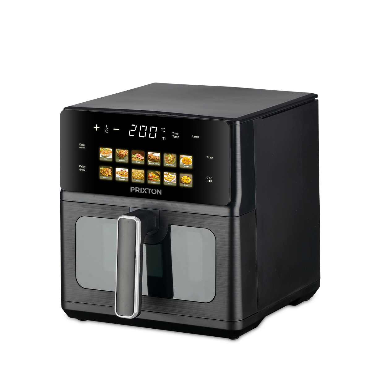 Schwarze Heißluftfritteuse mit Touchscreen und Kochprogrammen.
