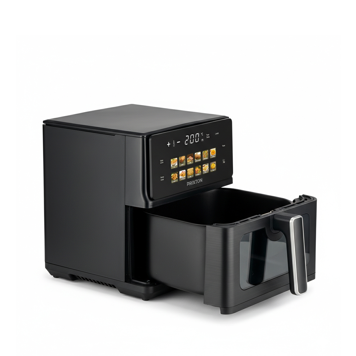 Schwarze Heißluftfritteuse mit ausziehbarem Korb und digitalem Touchscreen-Display.