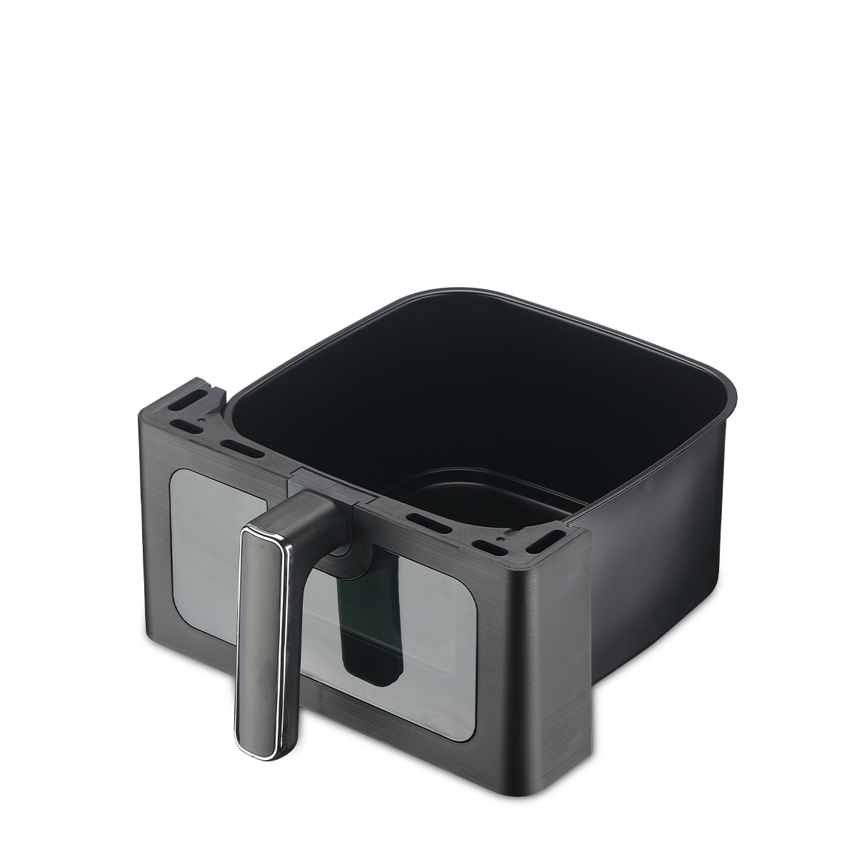 Schwarzer Airfryer-Korb mit Griff und Sichtfenstern.