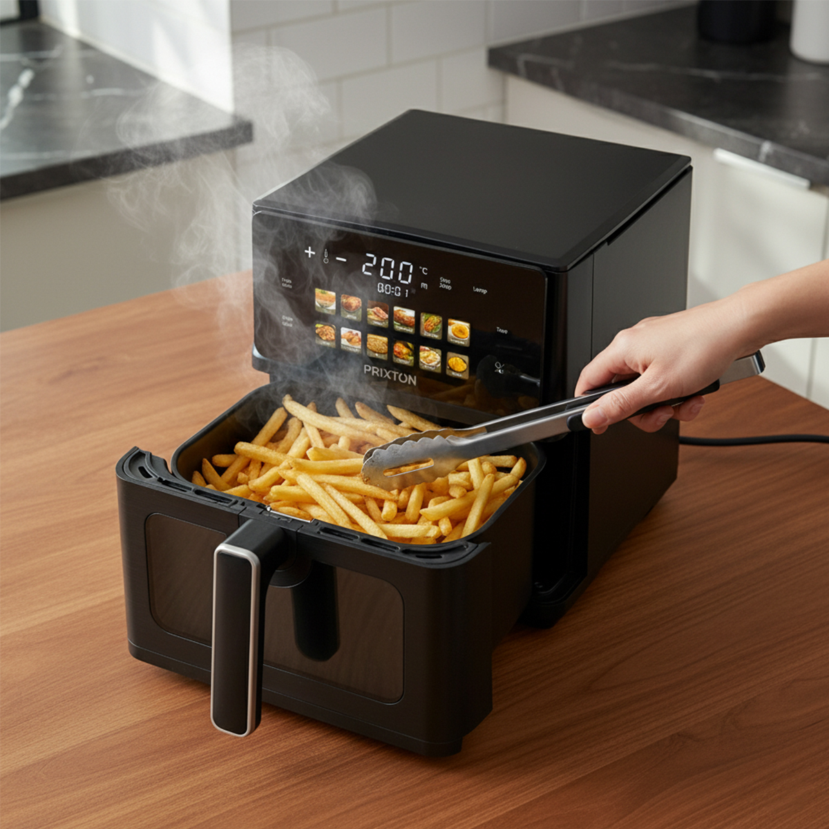Eine Person benutzt eine Zange, um Pommes aus einem schwarzen Heißluftfritteusenkorb zu nehmen.