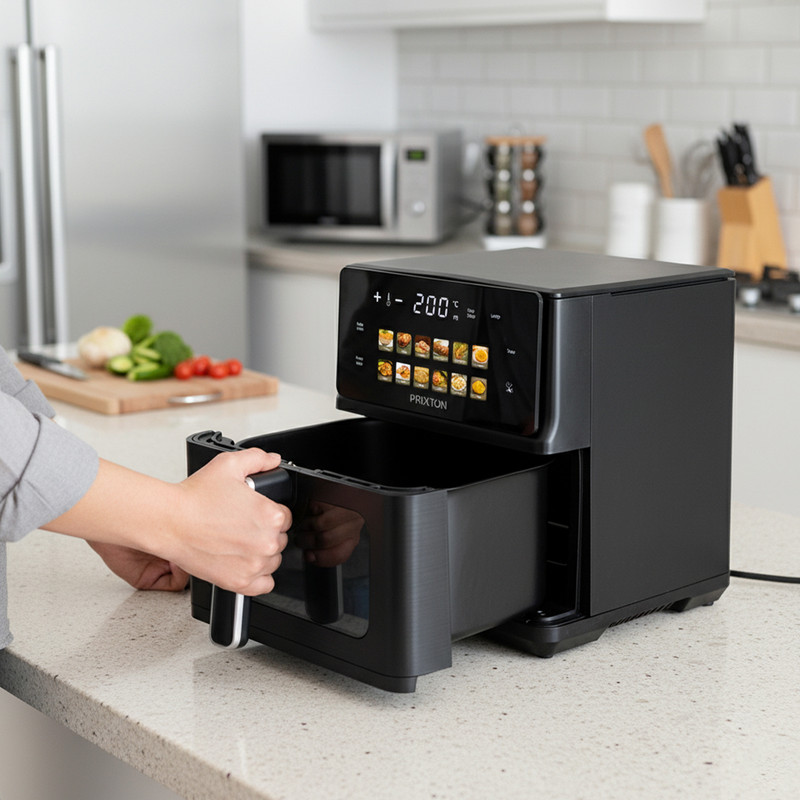 Schwarze Heißluftfritteuse mit ausziehbarem Korb und Touchscreen-Display in einer Küche.