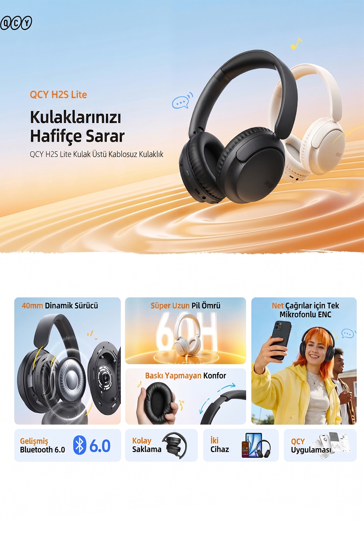 Cuffie QCY H2S Lite: nere e bianche, con viste dettagliate, Bluetooth 6.0 e app.