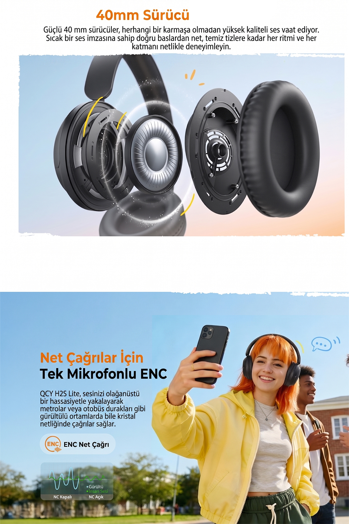 Vista esplosa di cuffie con driver da 40 mm e una donna che usa un telefono.