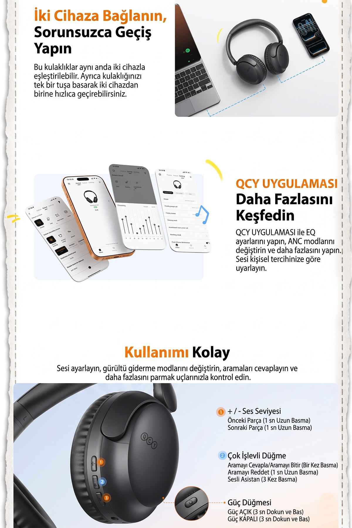 Cuffie nere con custodia di ricarica e smartphone, app QCY mostrata.
