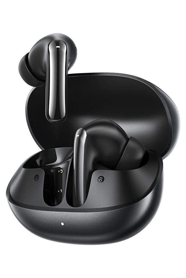 Auricolari wireless neri in una custodia di ricarica aperta con accenti bianchi.