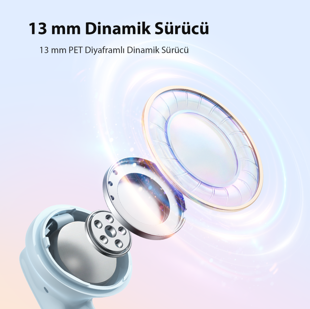 Mavi kasada PET diyaframlı 13 mm dinamik sürücünün patlatılmış görünümü.