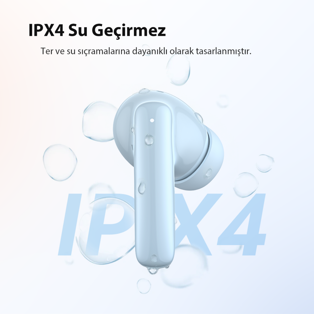 Su damlaları ve IPX4 logosu bulunan açık mavi kablosuz kulaklık.