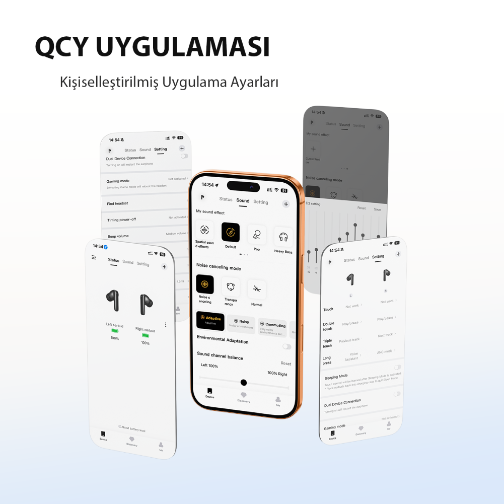 Kulaklık ayarlarını gösteren uygulama ekran görüntüleri: gürültü engelleme, pil vb.
