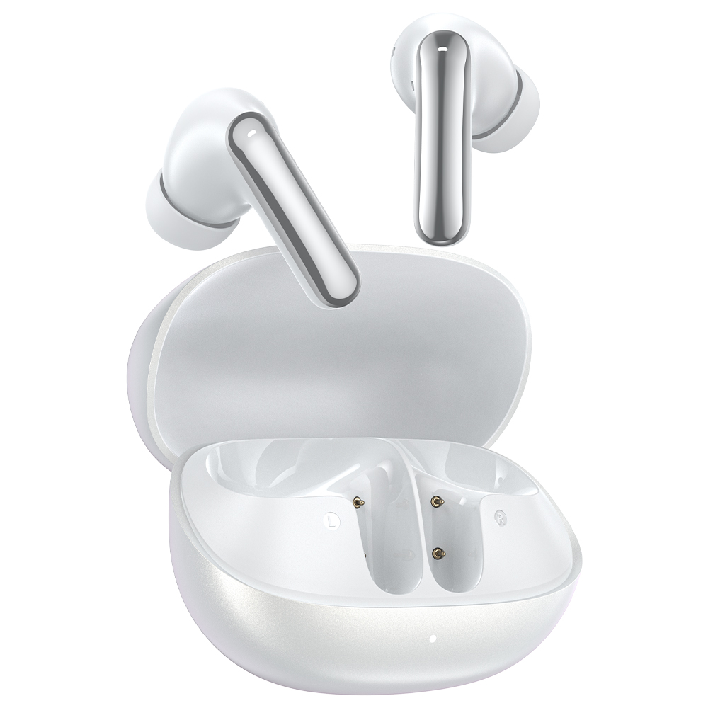 Auricolari wireless bianchi con custodia di ricarica, un auricolare dentro, uno accanto.