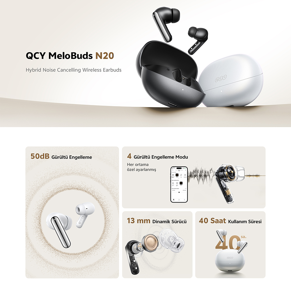 Auricolari wireless QCY MeloBuds N20 in bianco e nero, con custodia di ricarica.