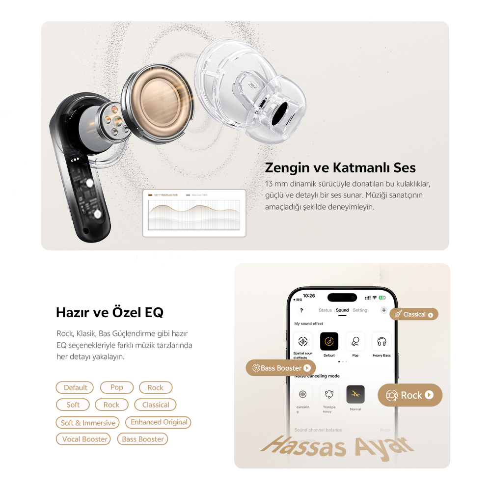 Auricolari wireless con opzioni EQ e modalità audio su schermo smartphone.