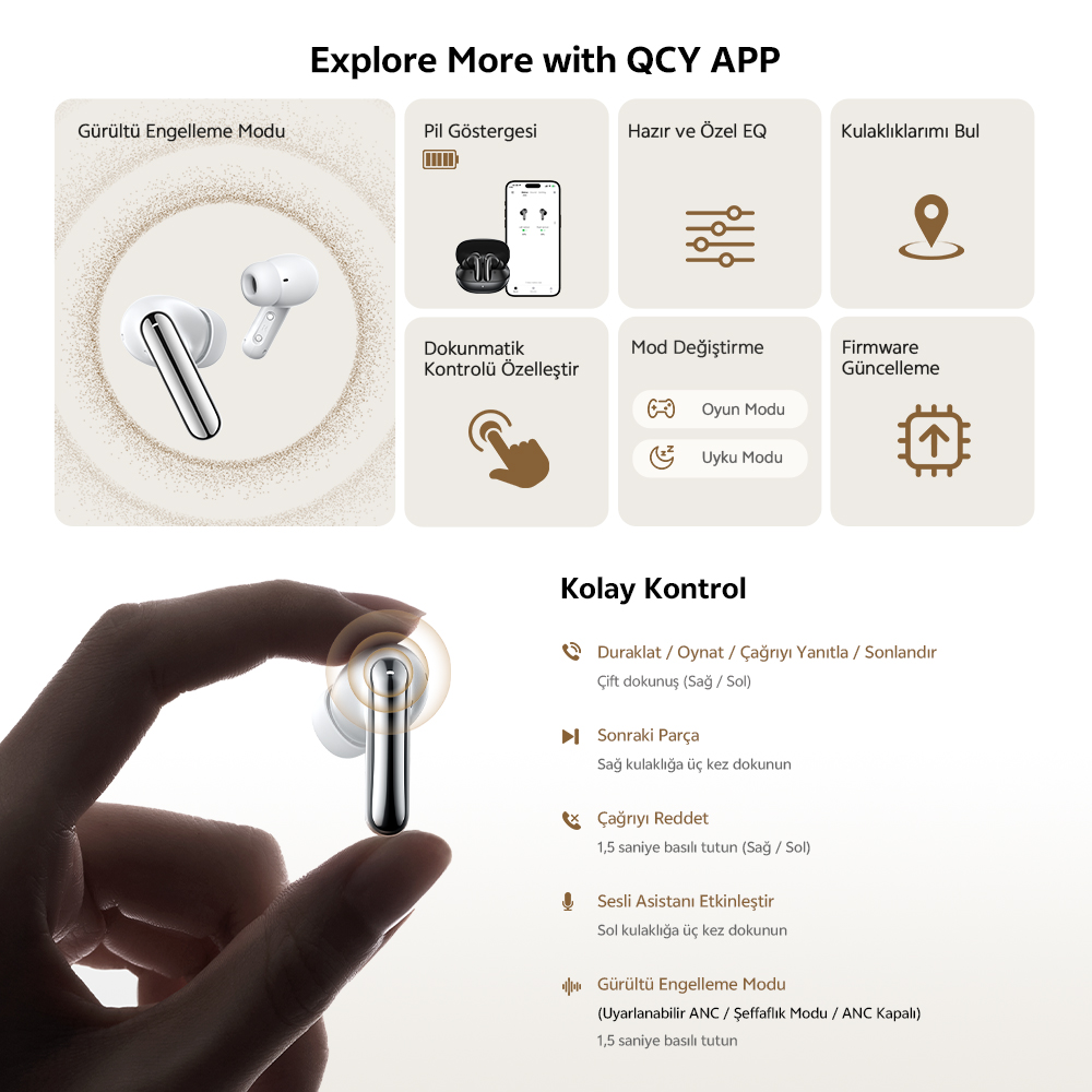 APP QCY: Cancellazione del rumore, batteria, EQ, trova dispositivo, controllo touch, modalità.