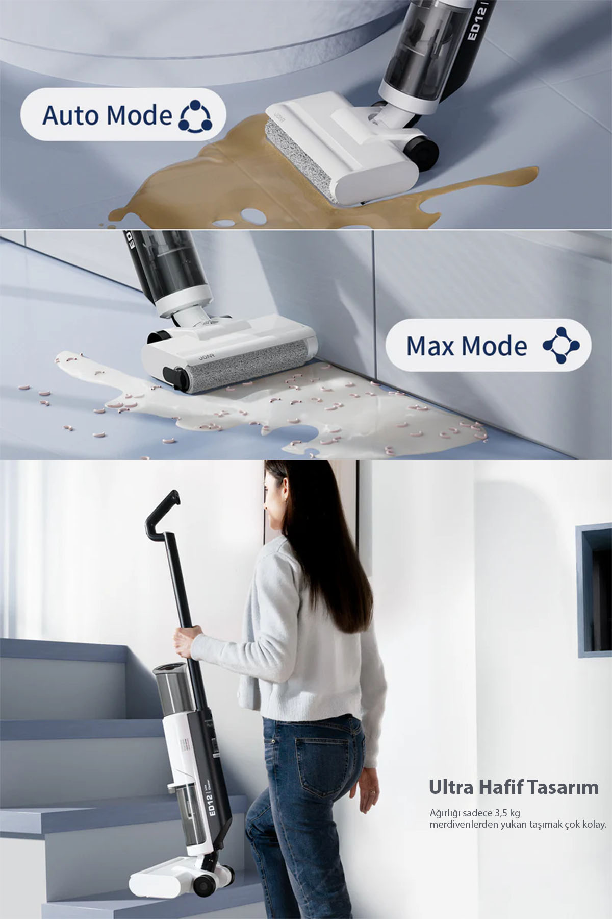 Una aspiradora de líquidos/sólidos en modo automático, modo máximo y una mujer subiendo escaleras.