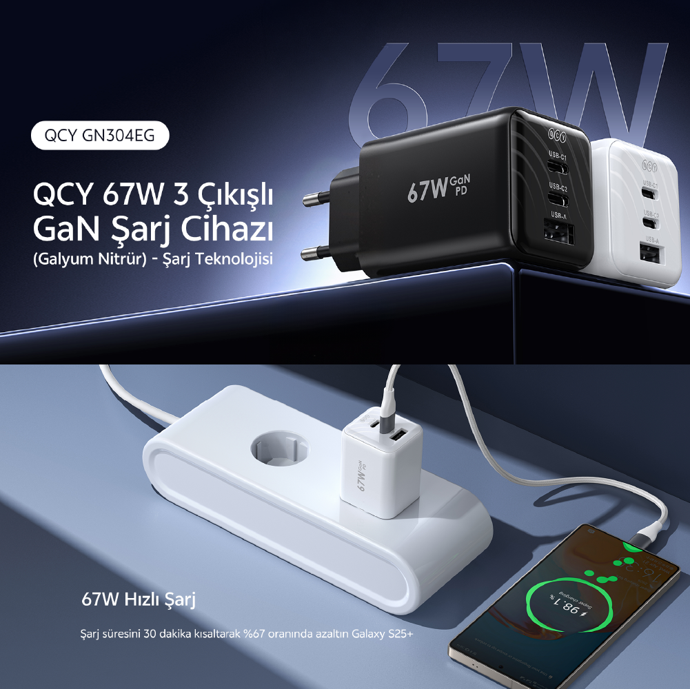QCY 67W GaN şarj cihazı: Siyah ve beyaz fiş telefon şarj ediyor.