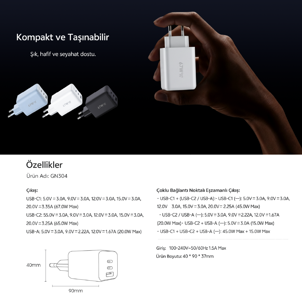 Yan yana üç adet USB portlu kompakt beyaz şarj cihazı gösterilmektedir.