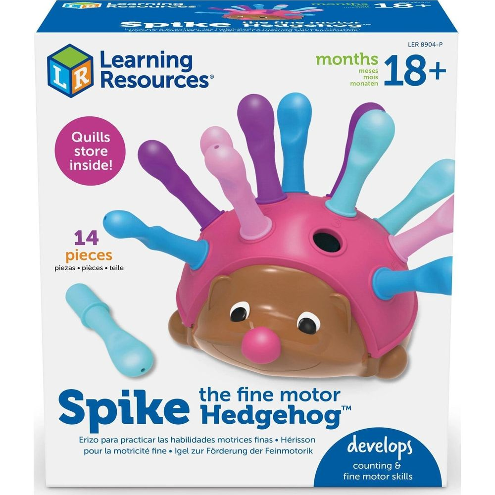 Verpackung von Spike, dem Feinmotorik-Igel-Spielzeug mit bunten Stacheln.