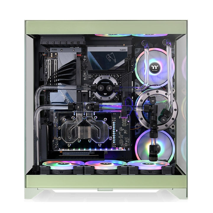 Un case PC verde con raffreddamento a liquido e ventole RGB.