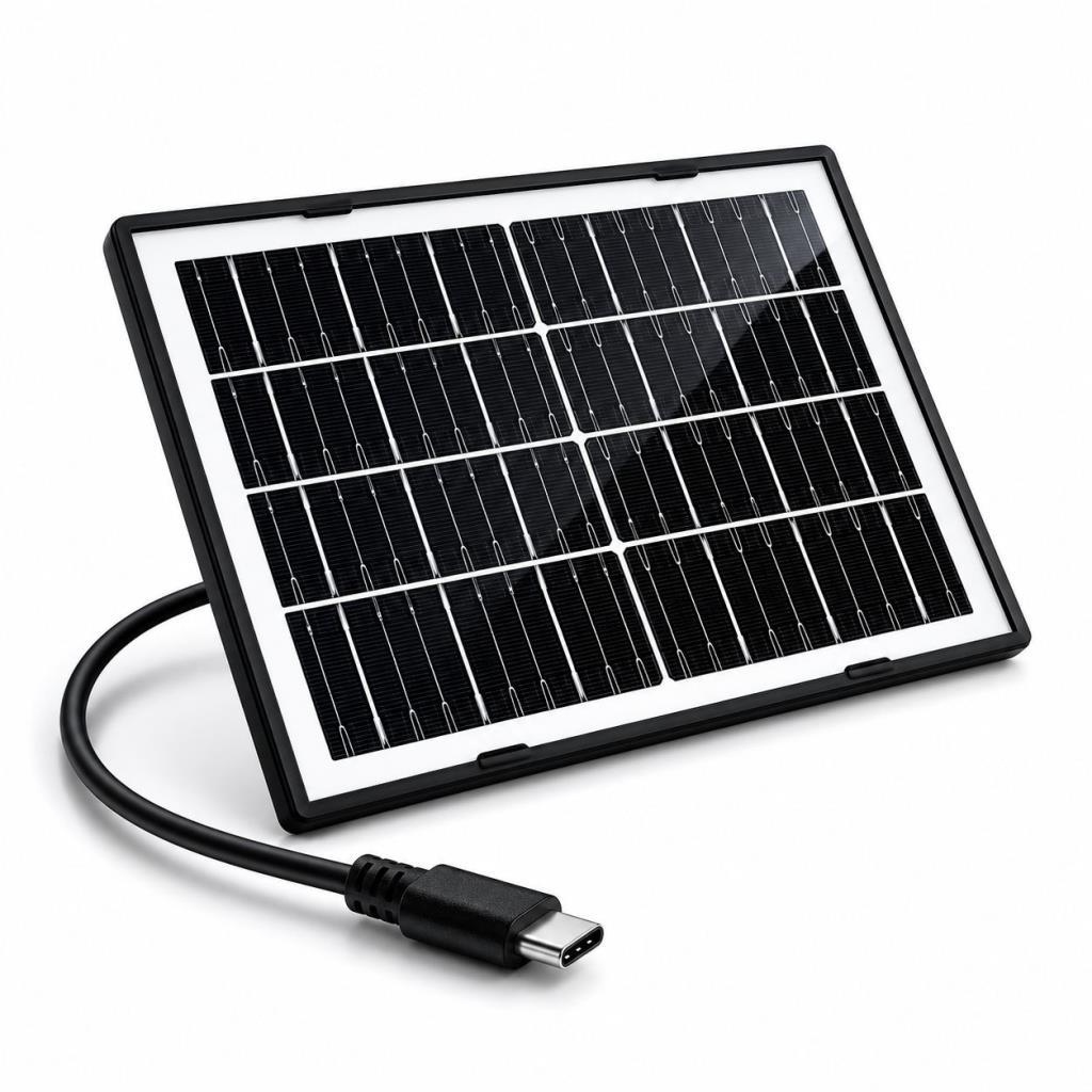 Beyaz arka plan üzerinde USB-C kablolu küçük siyah güneş paneli.