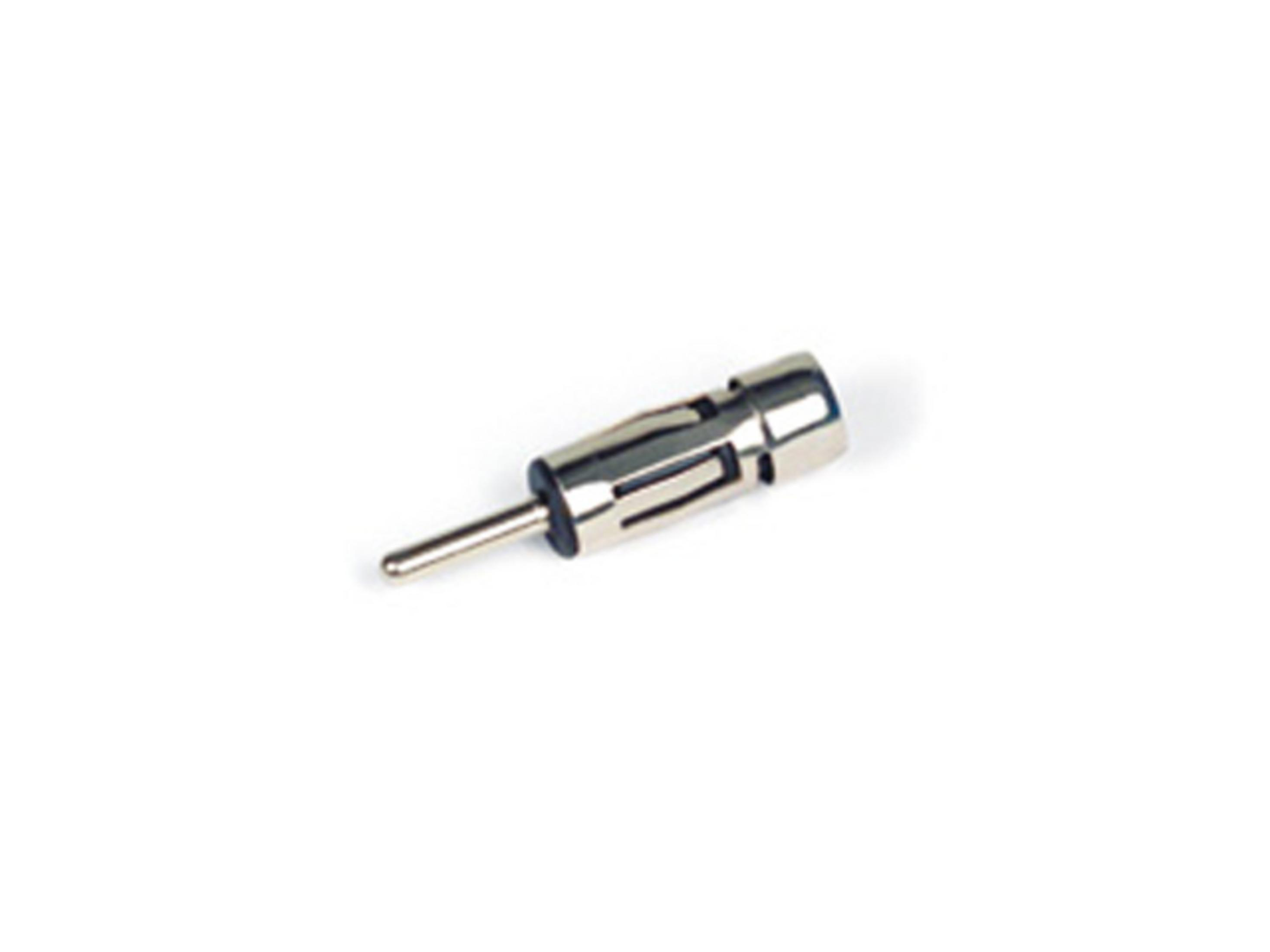 Ein silberner Antennenadapter mit einem Stift und Schlitzen.