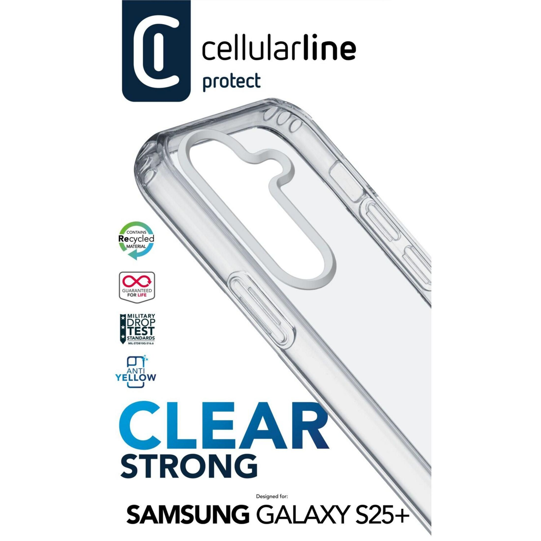 Custodia trasparente per Samsung Galaxy S25+, con loghi riciclato e standard militare.