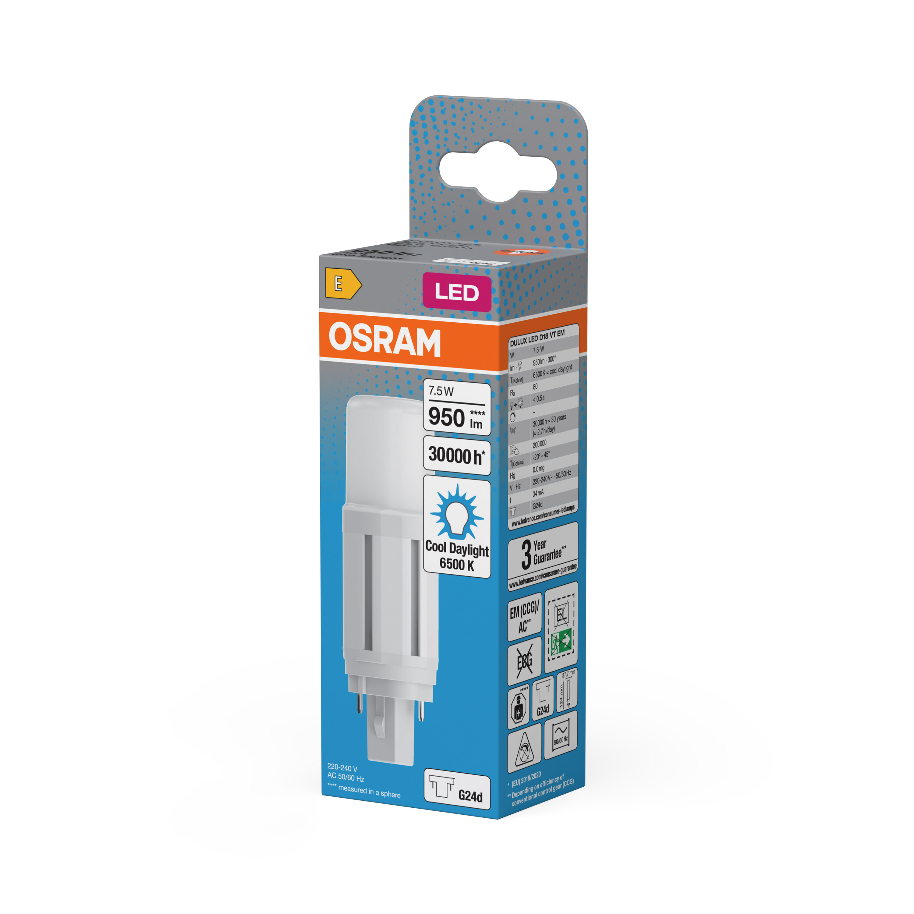 Verpackung einer Osram LED-Lampe mit techn. Daten und Energieeffizienzlabel E.