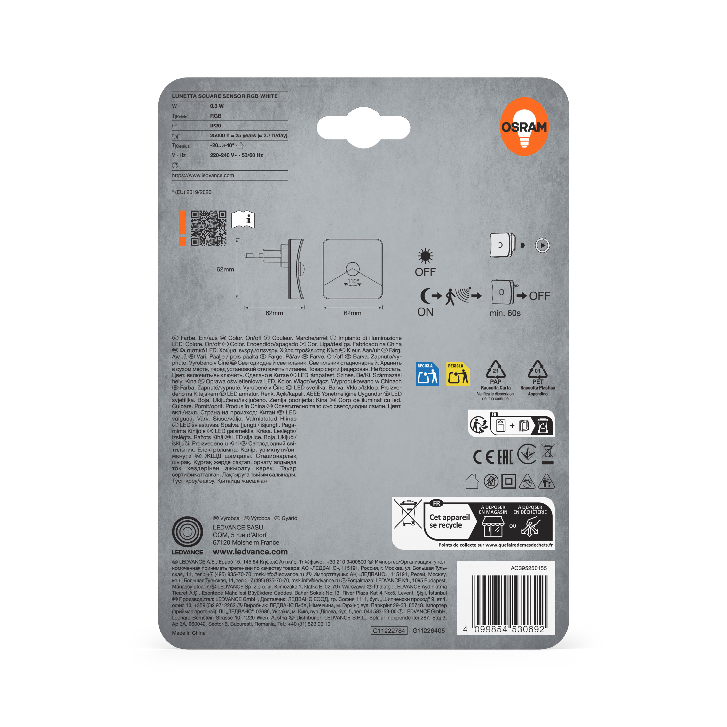 Verpackung für LED-Lampe mit technischen Daten und Symbolen.