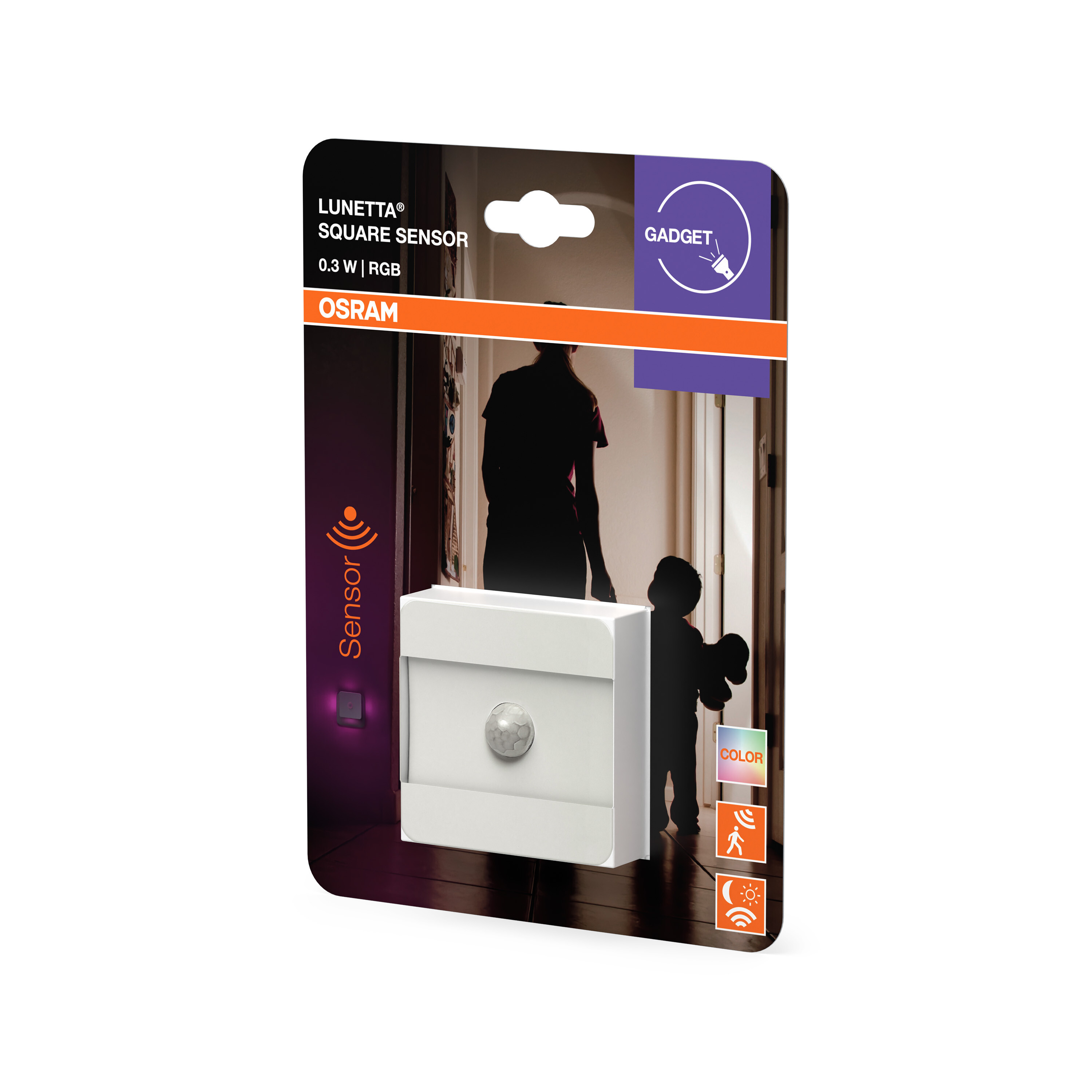 Verpackung eines weißen Bewegungsmelders mit Osram-Logo.