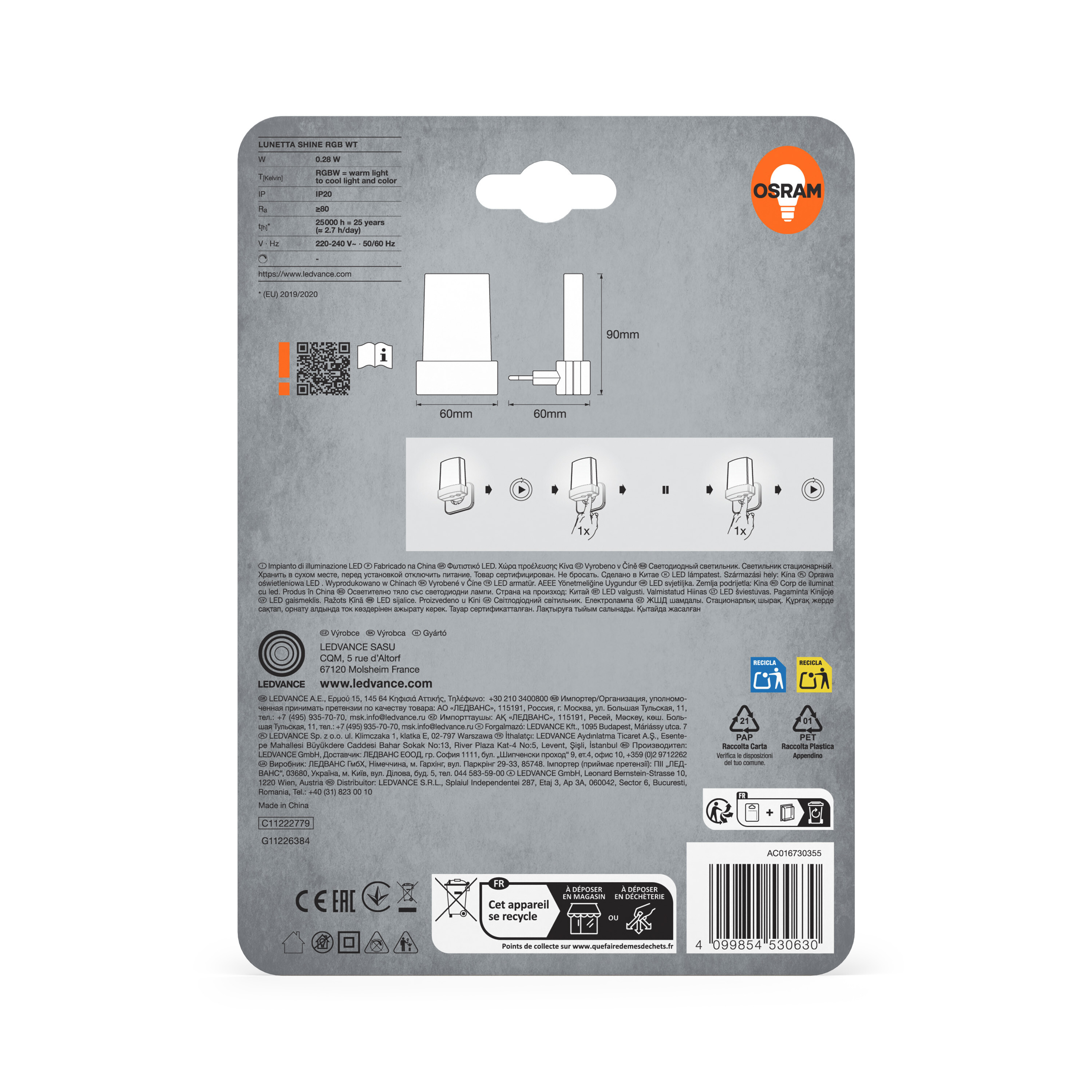 Verpackung für Osram LED-Lampe mit technischen Daten und Maßen.