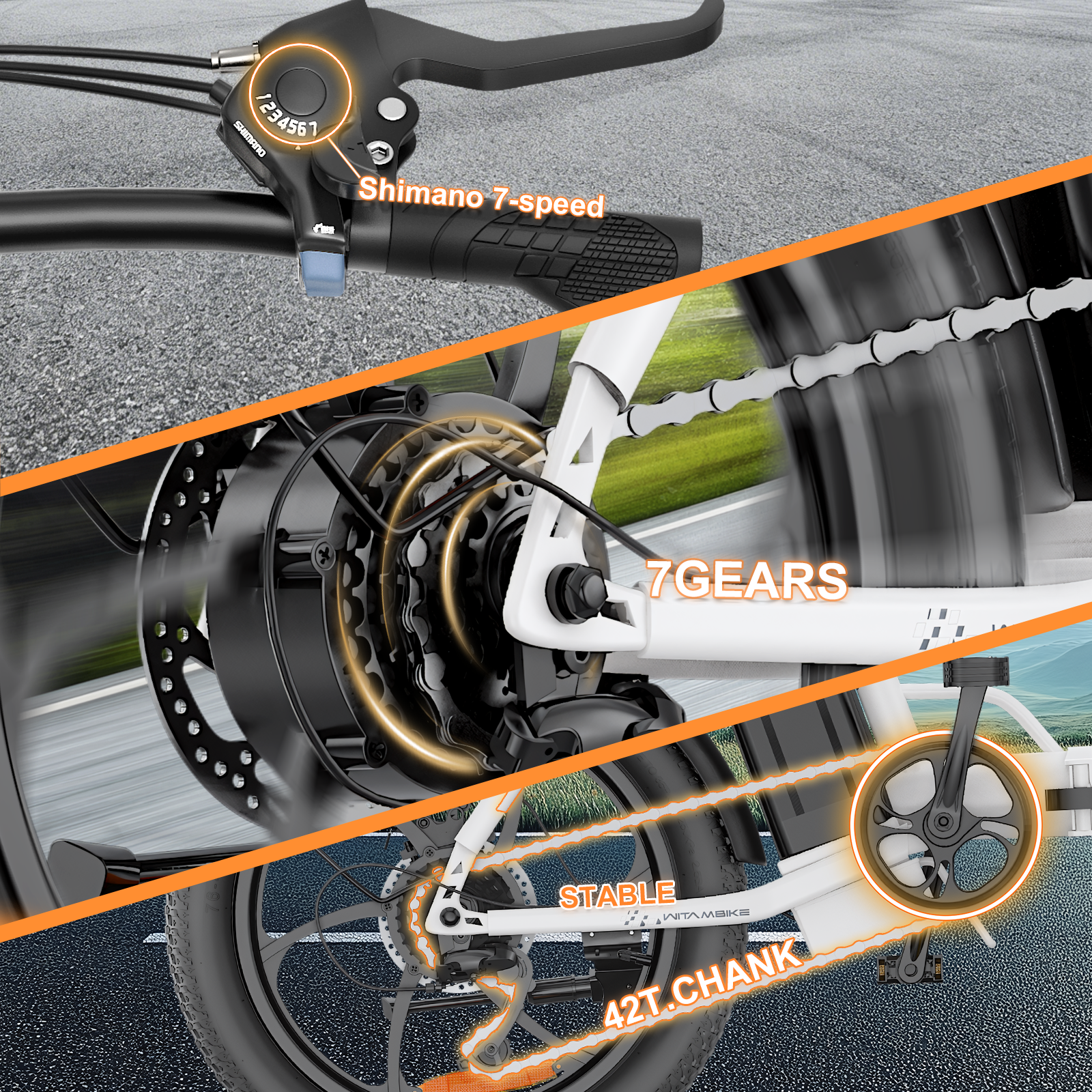 Zbliżenie łańcucha rowerowego, zębatek i mechanizmu korbowego z nałożonym tekstem.