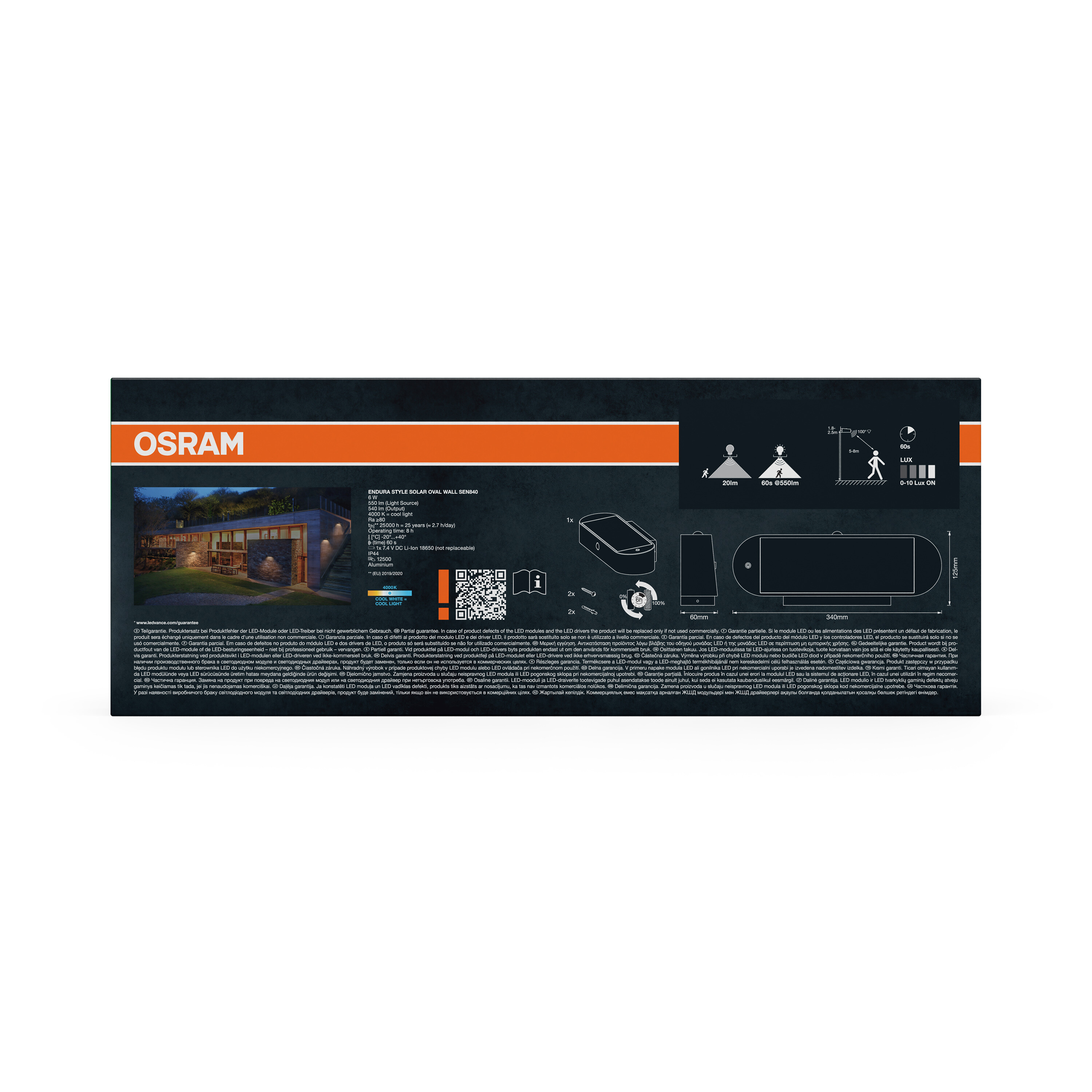 Osram Außenleuchte mit technischen Details und Abmessungen.