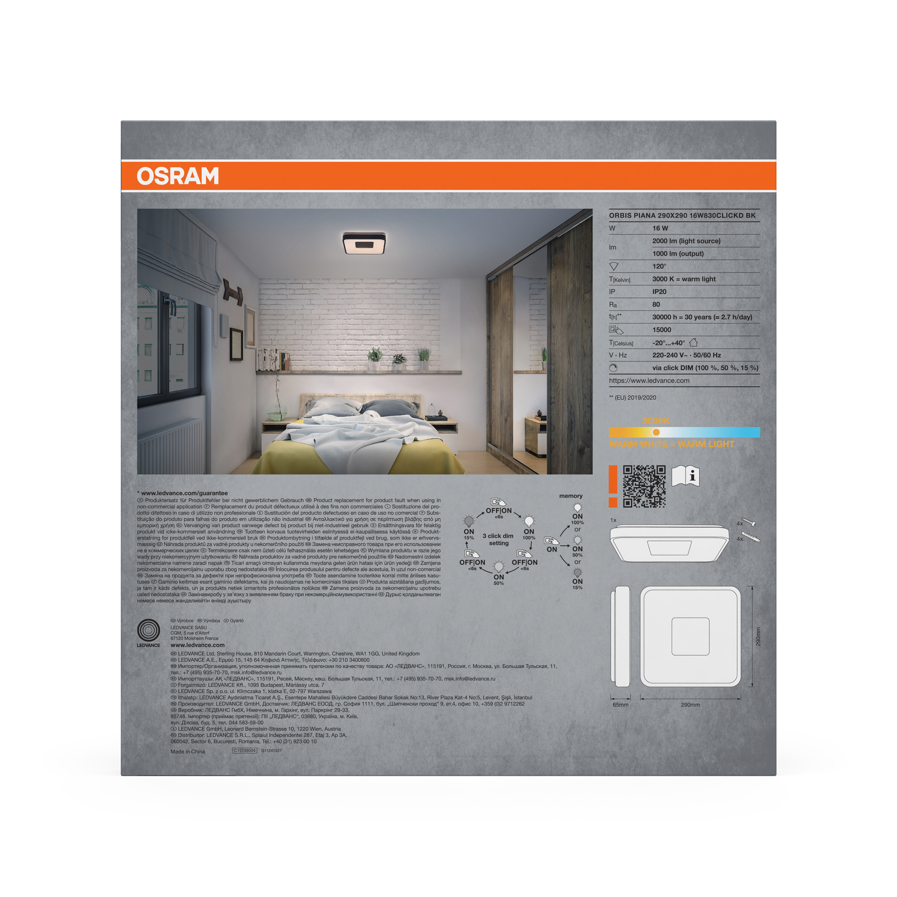 OSRAM ORBIS PIANA Deckenleuchte 290x290mm, 16W, warmweiß, mit Installationsdetails.