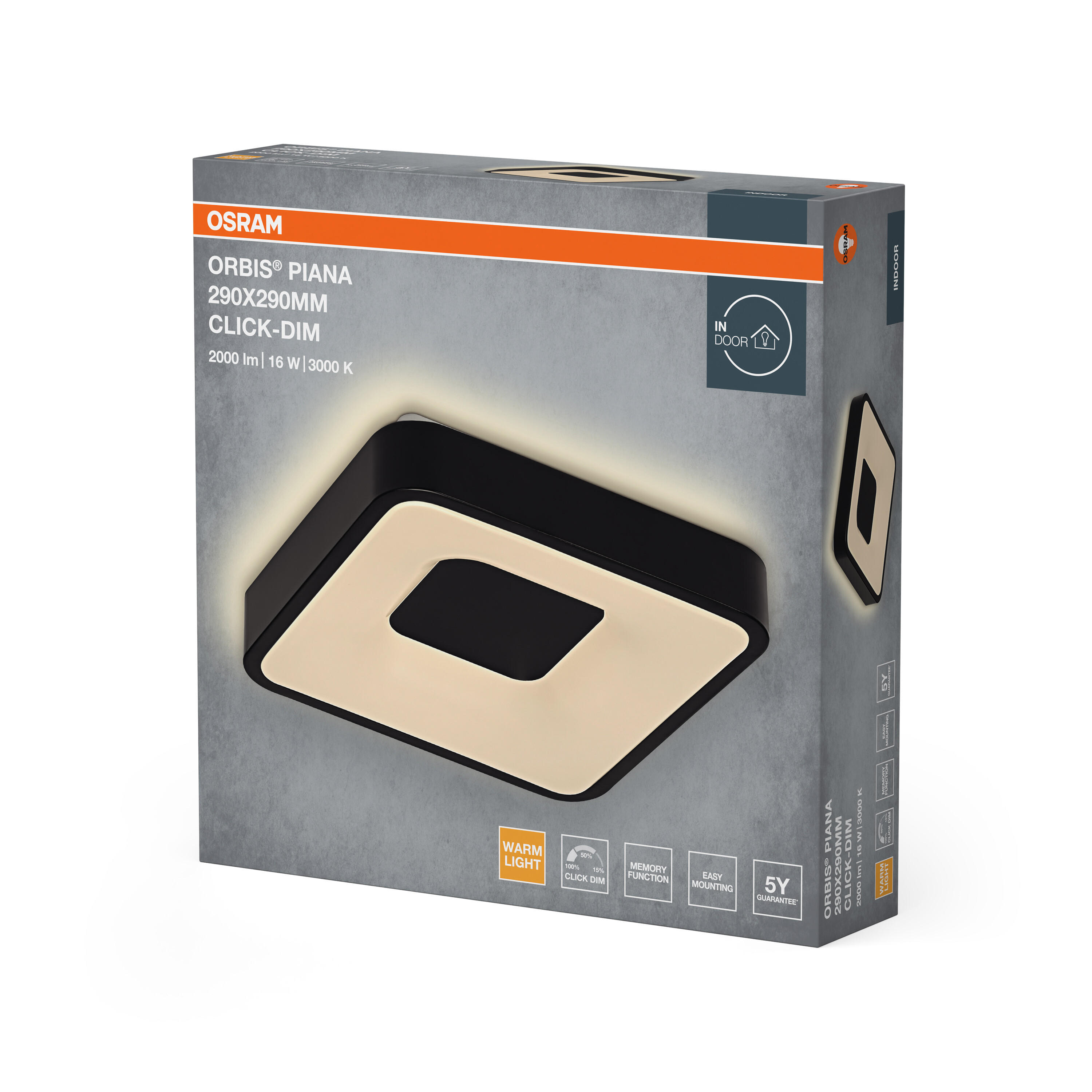 Osram Orbis Piana Lampe auf grauem Karton verpackt, mit Produktmerkmalen.