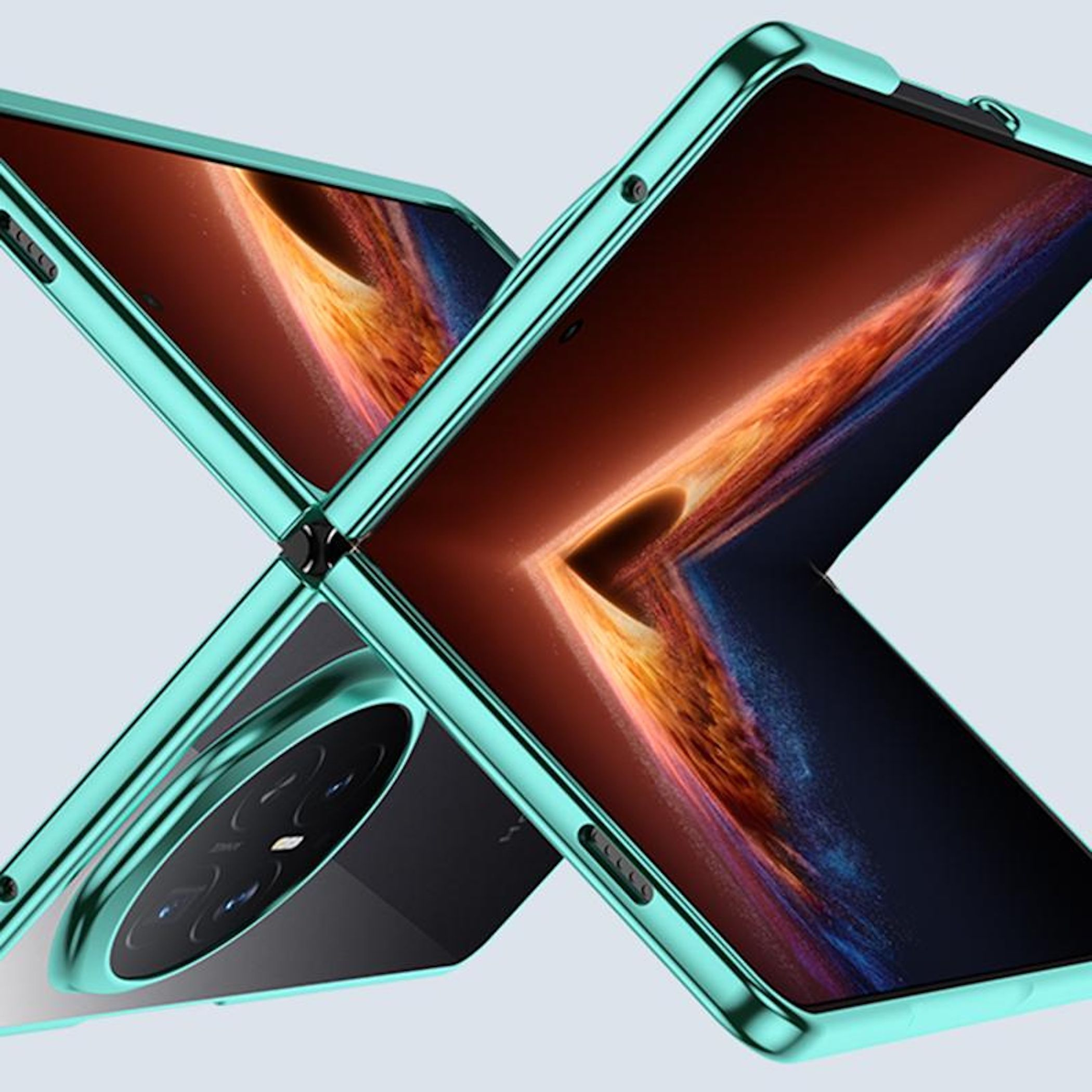 Zwei aufgeschlagene Smartphones mit türkisfarbenem Rahmen und abstraktem Hintergrund.