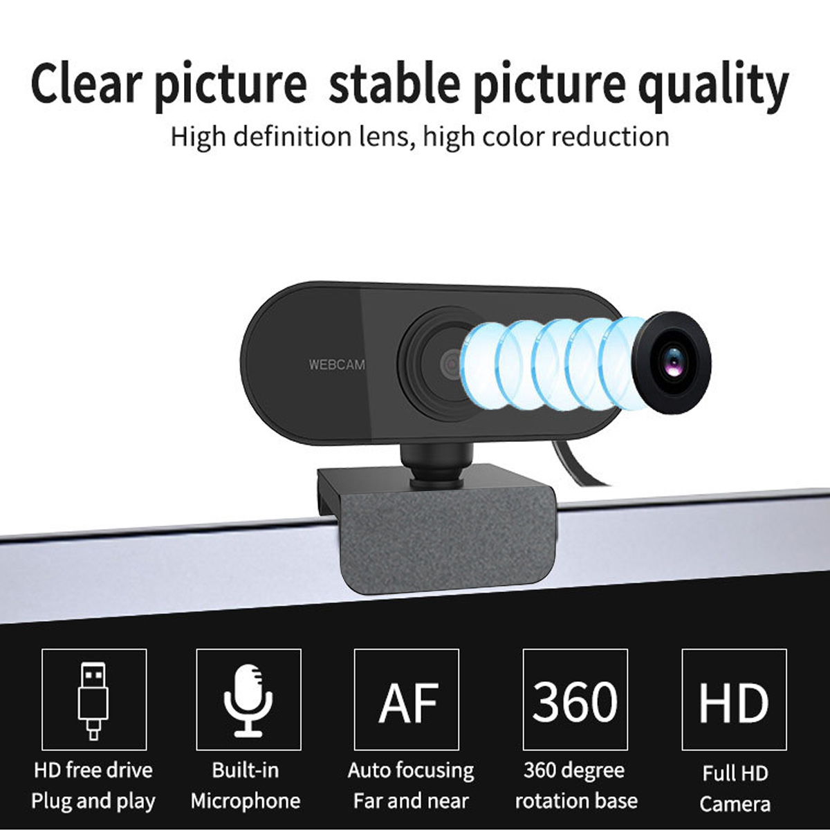 Webcam mit HD-Objektiv, Autofokus, 360-Grad-Basis und Mikrofon.