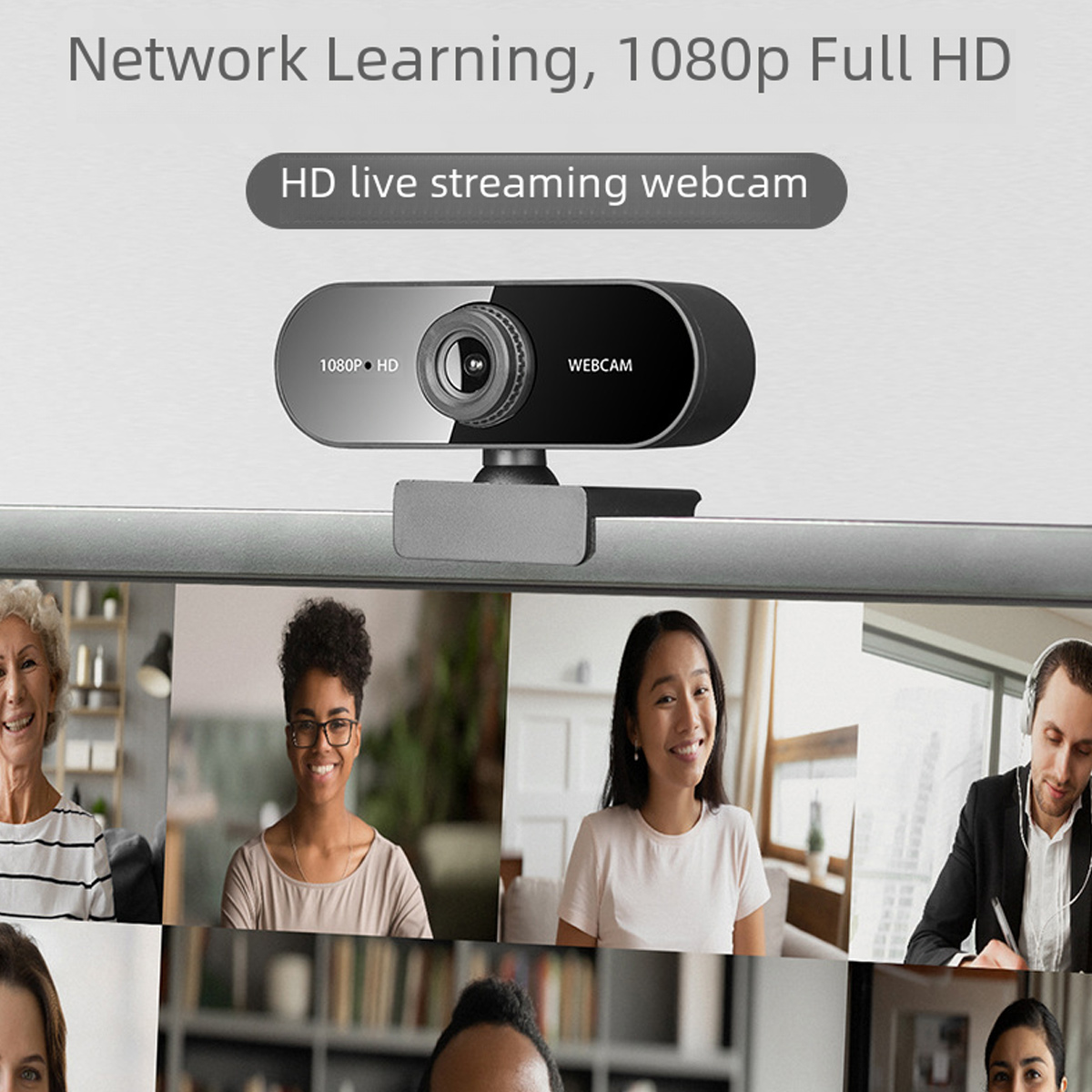Eine Webcam über einem Bildschirm mit mehreren Personen, die an einem Online-Meeting teilnehmen.