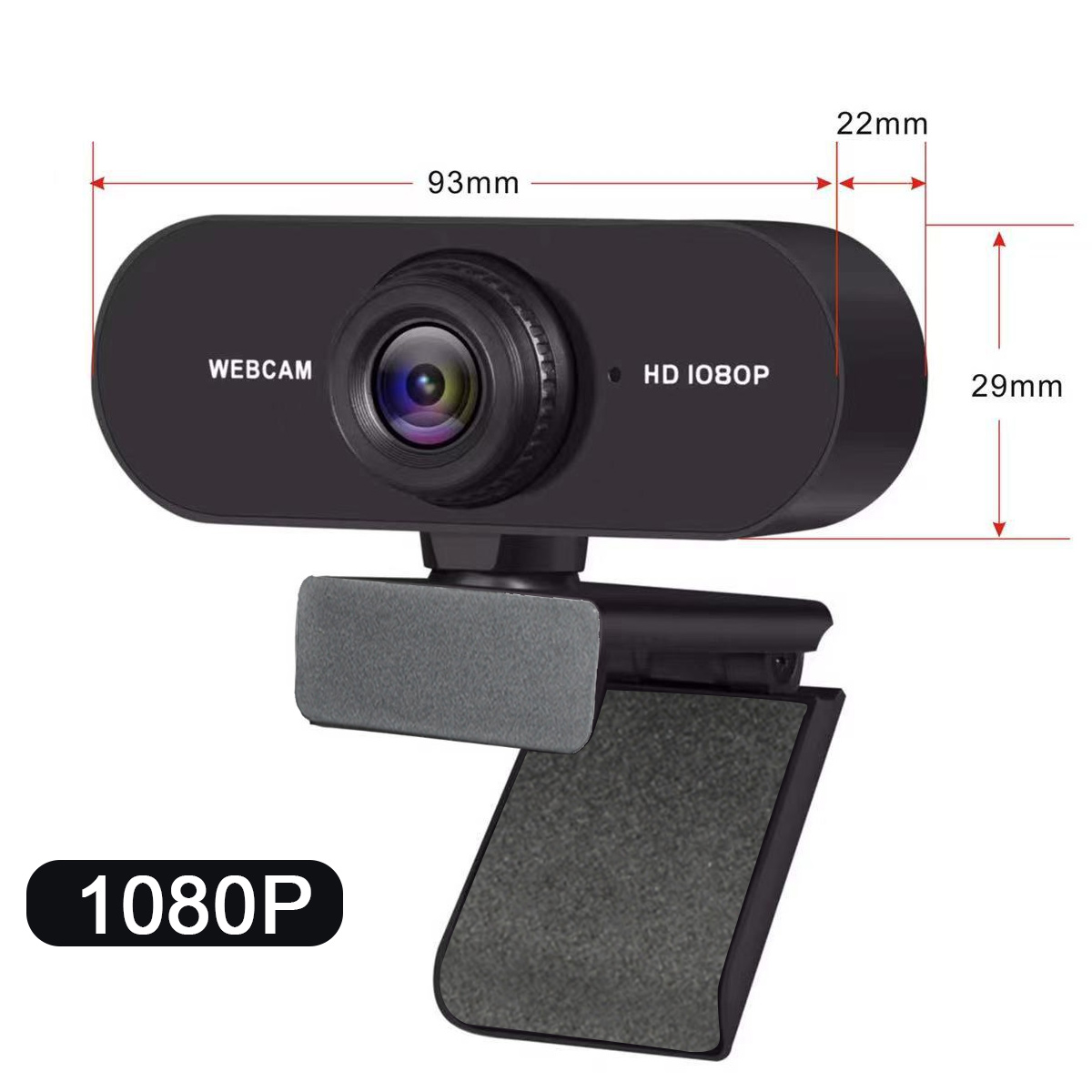 Schwarze Webcam mit HD 1080P-Aufdruck und Maßen.