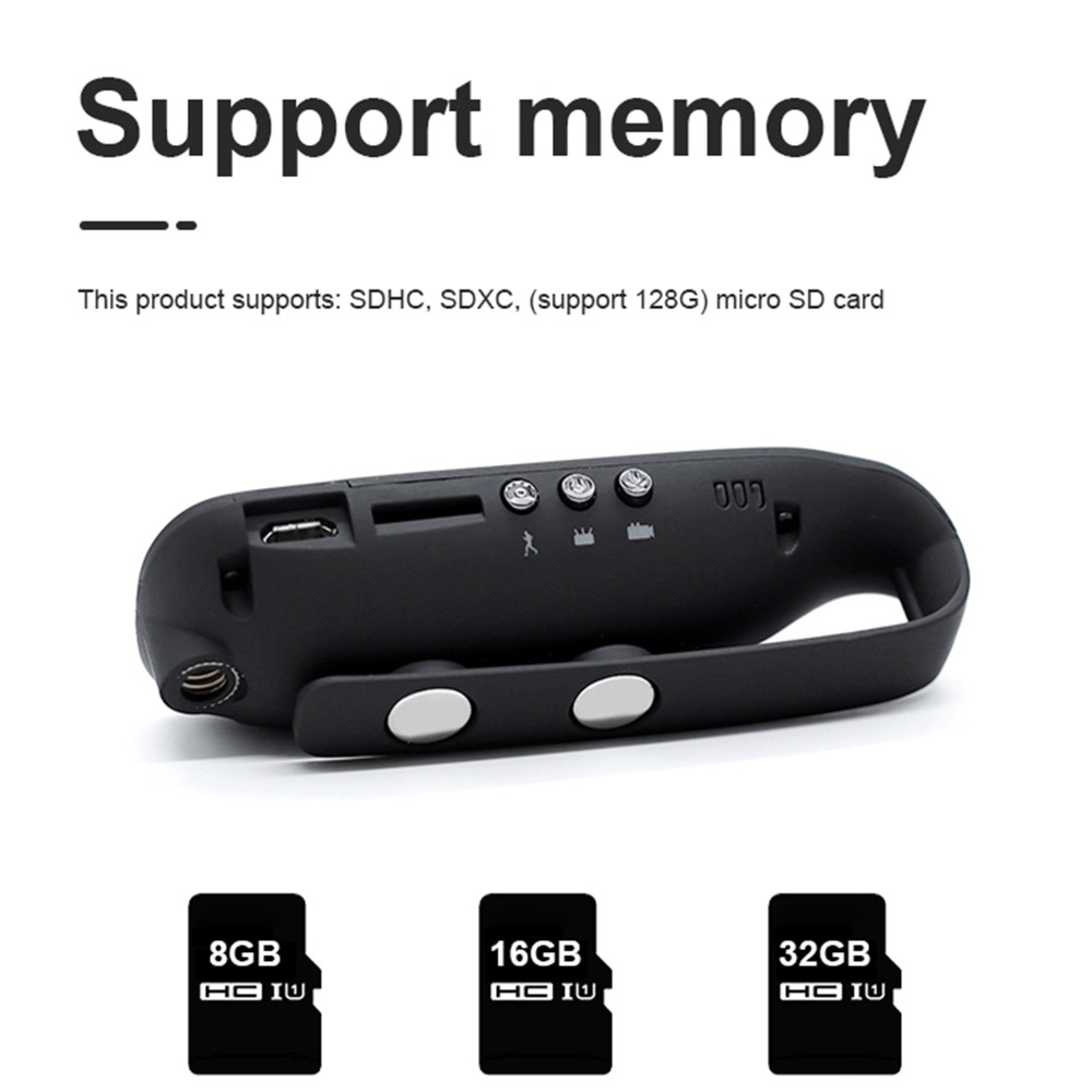 Schwarzes Gerät mit Tasten, USB-Anschluss und SD-Kartensymbolen 8GB, 16GB, 32GB.