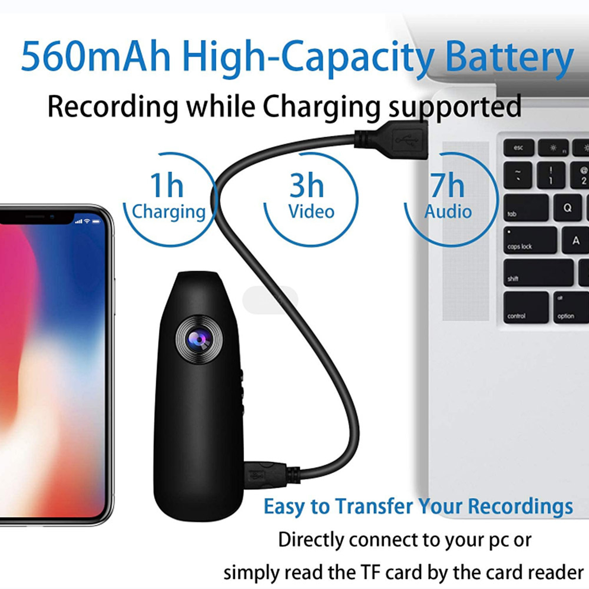 560mAh Akku-Gerät mit USB-Kabel an Laptop, 1h Ladezeit, 3h Video, 7h Audio.