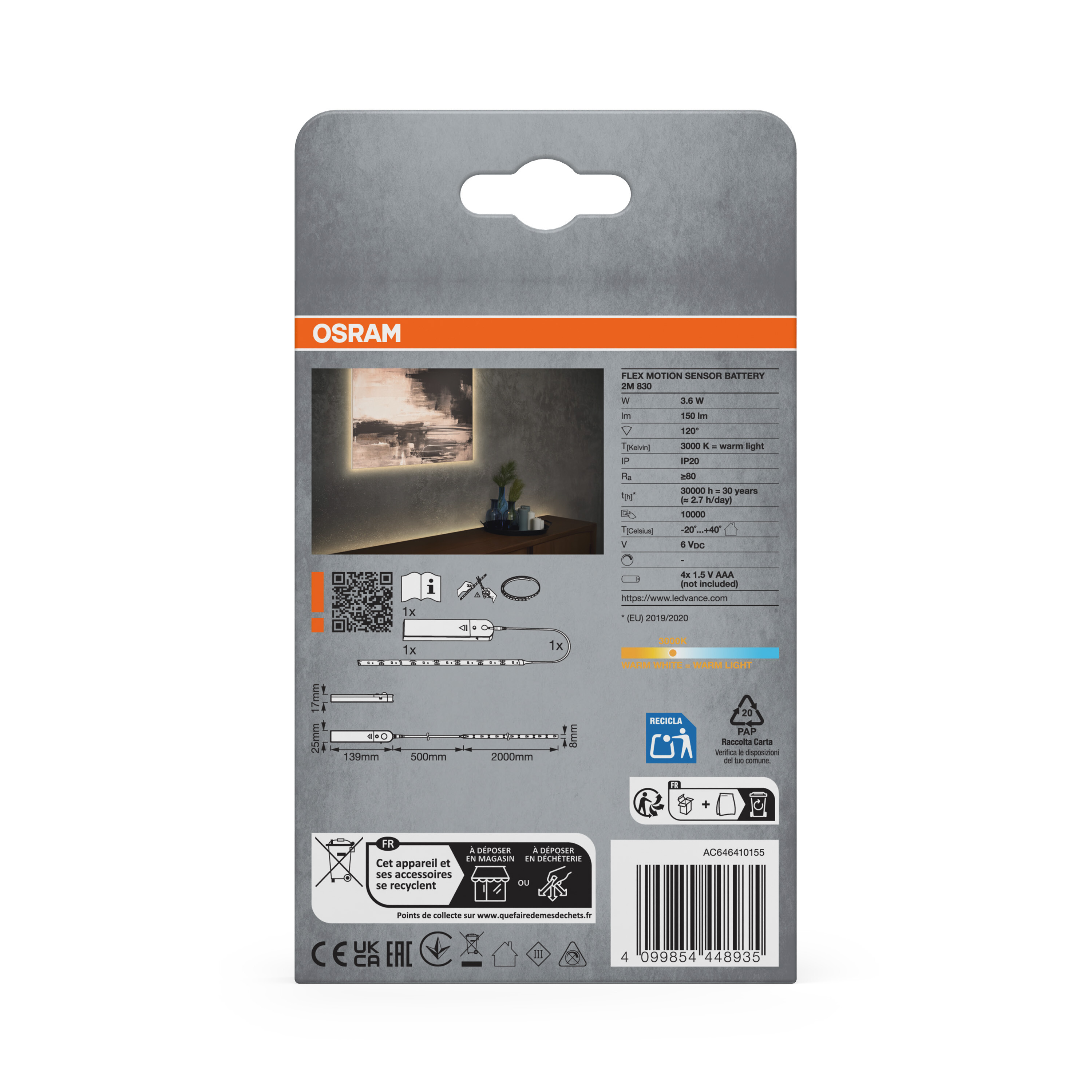 Osram Flex Motion Sensor LED-Streifen-Verpackung mit Spezifikationen und Abbildungen.
