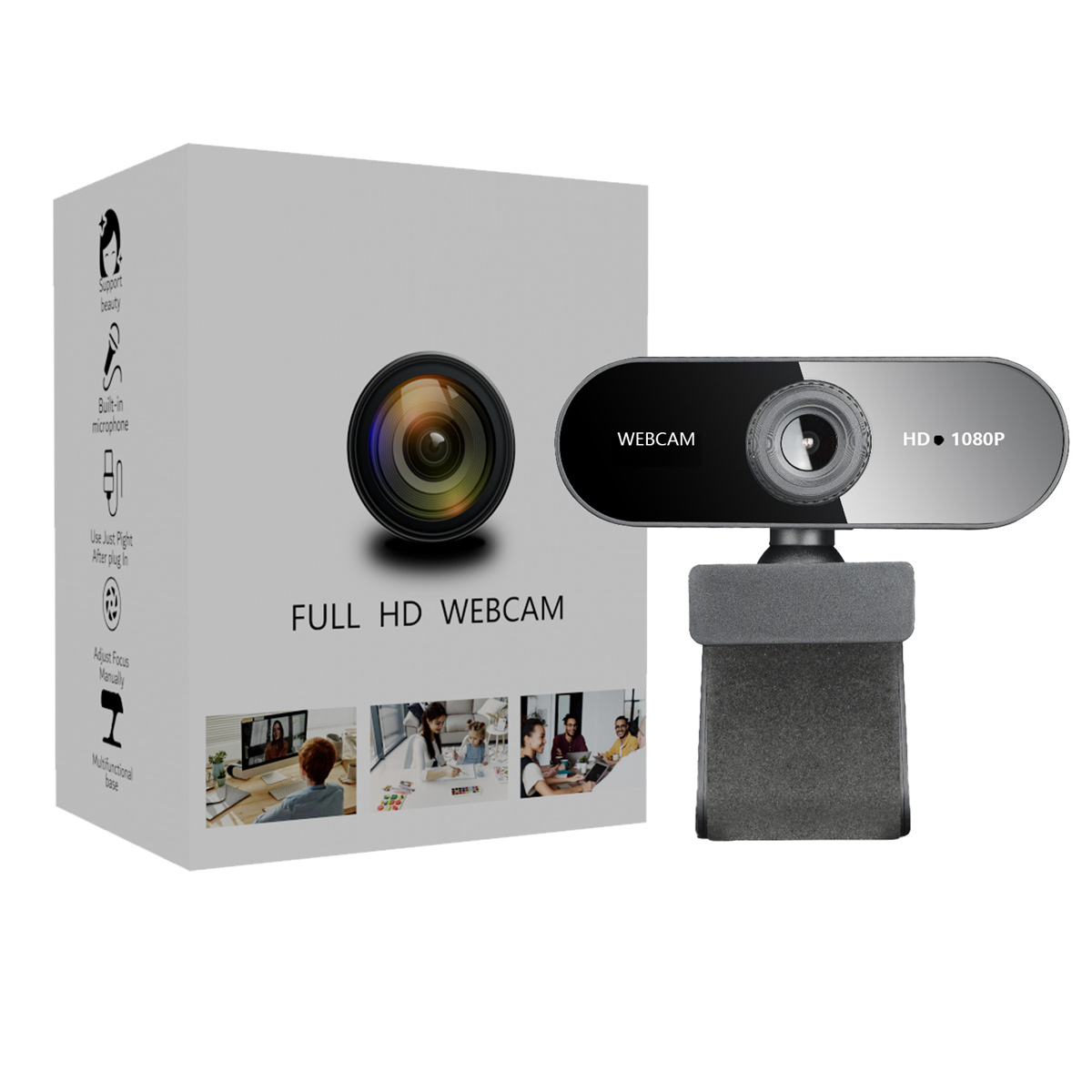 Full HD Webcam und Karton. Karton zeigt Merkmale wie eingebautes Mikrofon, Plug-in, Fokus.