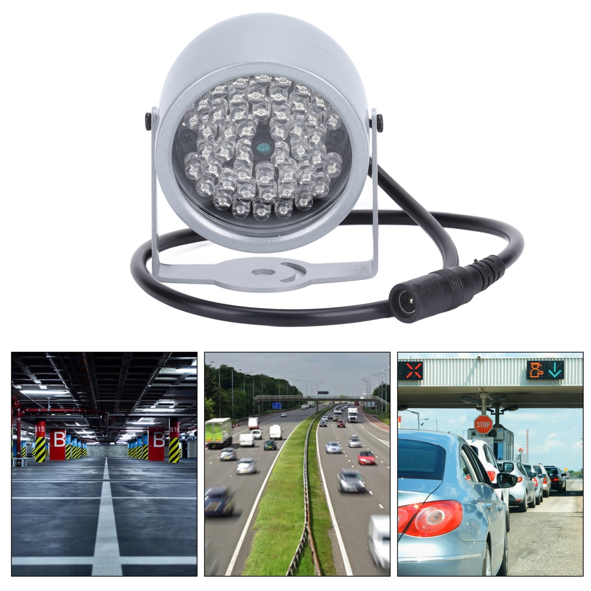 Ein silbernes IR-Lichtmodul über einem Parkhaus und einer Autobahnansicht.