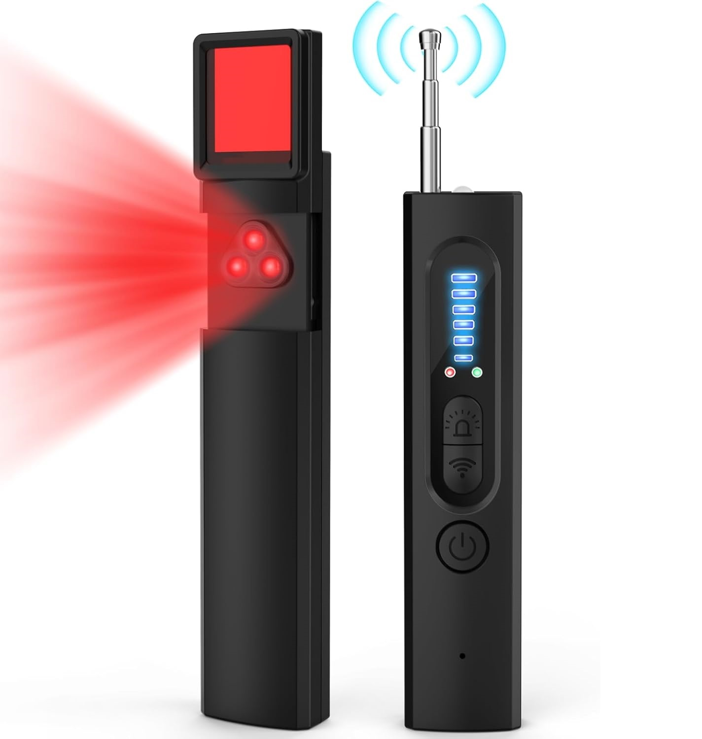 Zwei schwarze elektronische Geräte: Eines mit rotem Lichtstrahl, das andere mit Antenne und blauen Lichtern.
