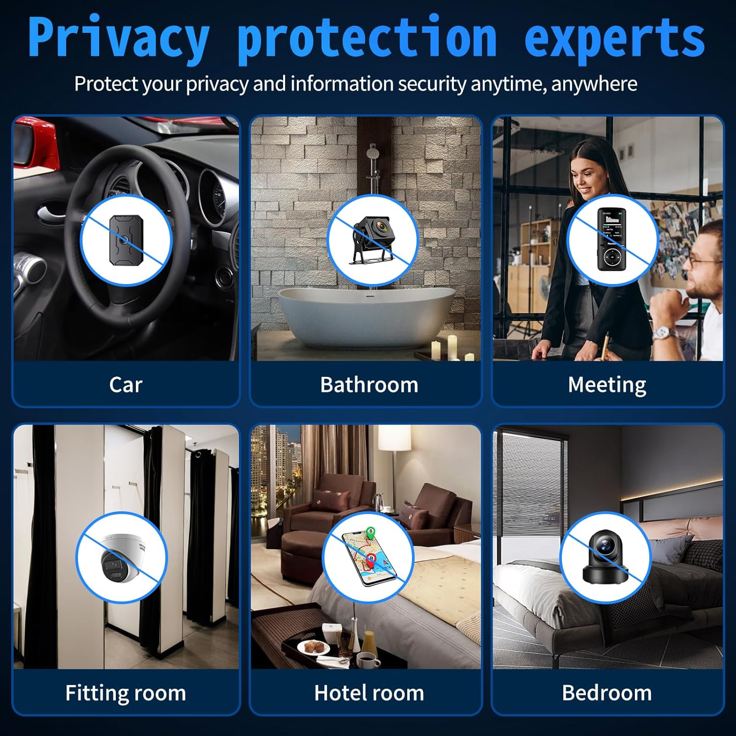 Sechs Szenarien: Auto, Bad, Meeting, Umkleide, Hotel, Schlafzimmer. Privatsphäre-Schutz.