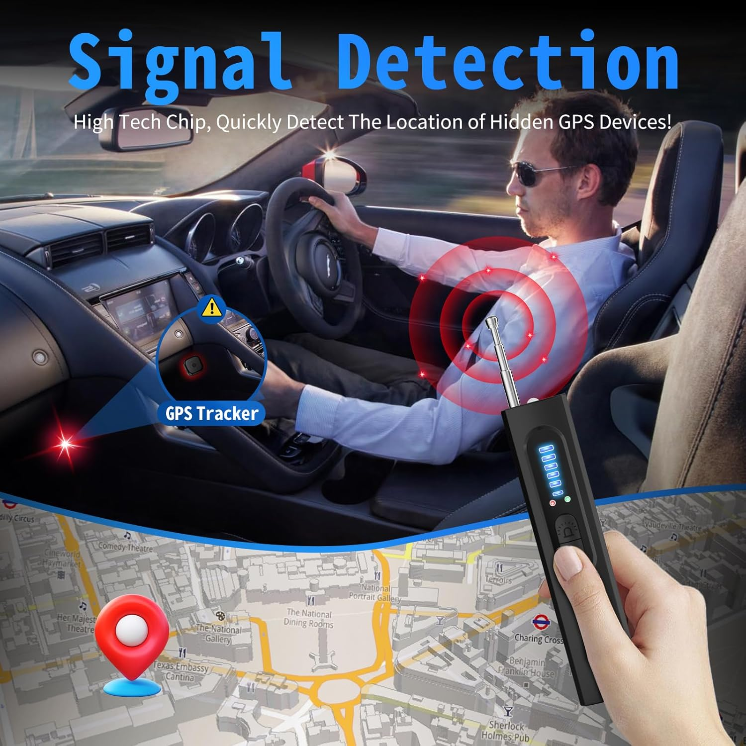 Mann im Auto benutzt GPS-Tracker, um versteckte Geräte zu finden. Karte gezeigt.