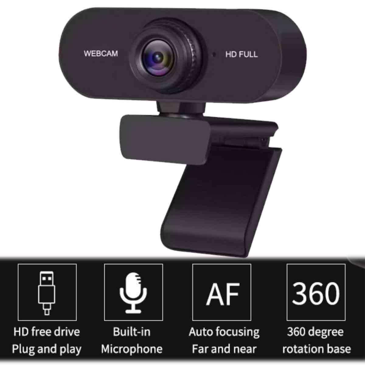 Schwarzes HD-Webcam mit Autofokus und integriertem Mikrofon auf einem flexiblen Ständer.