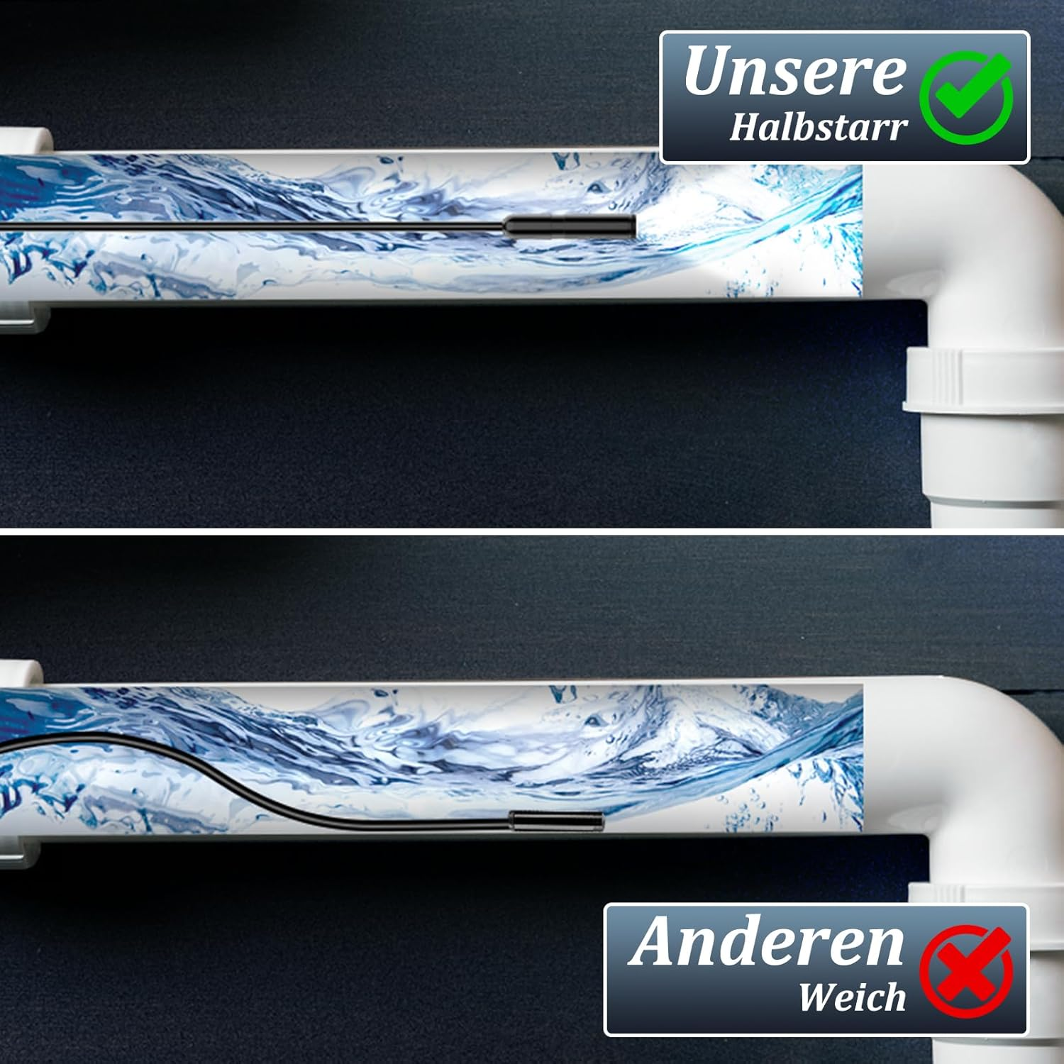 Oben: Halbstarre Leitung mit Wasser. Unten: Weiche Leitung mit Wasser.