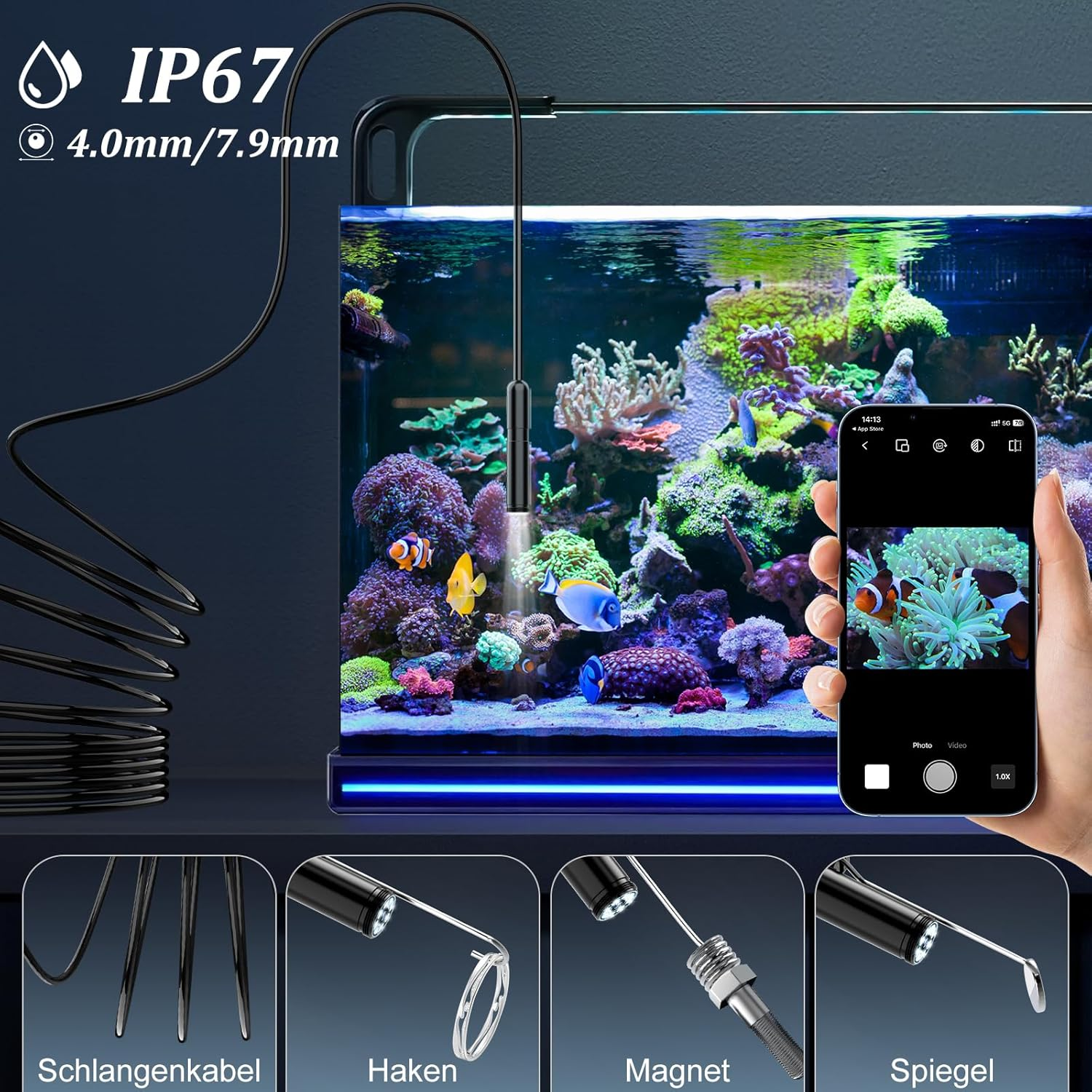 Ein Smartphone zeigt ein Aquarium mit Clownfischen, daneben eine Kamera mit Kabel.