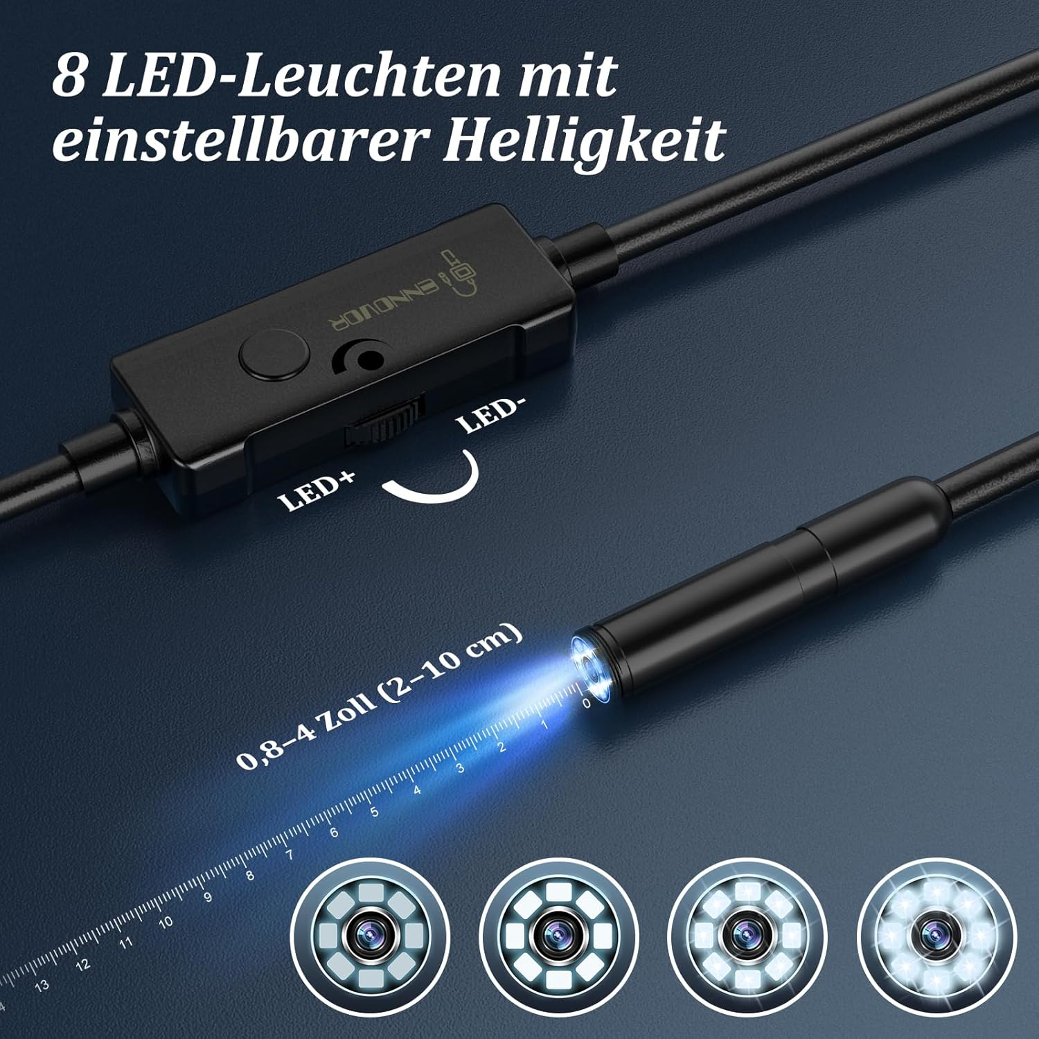 Endoskop mit 8 einstellbaren LEDs und Maßstab von 2–10 cm.