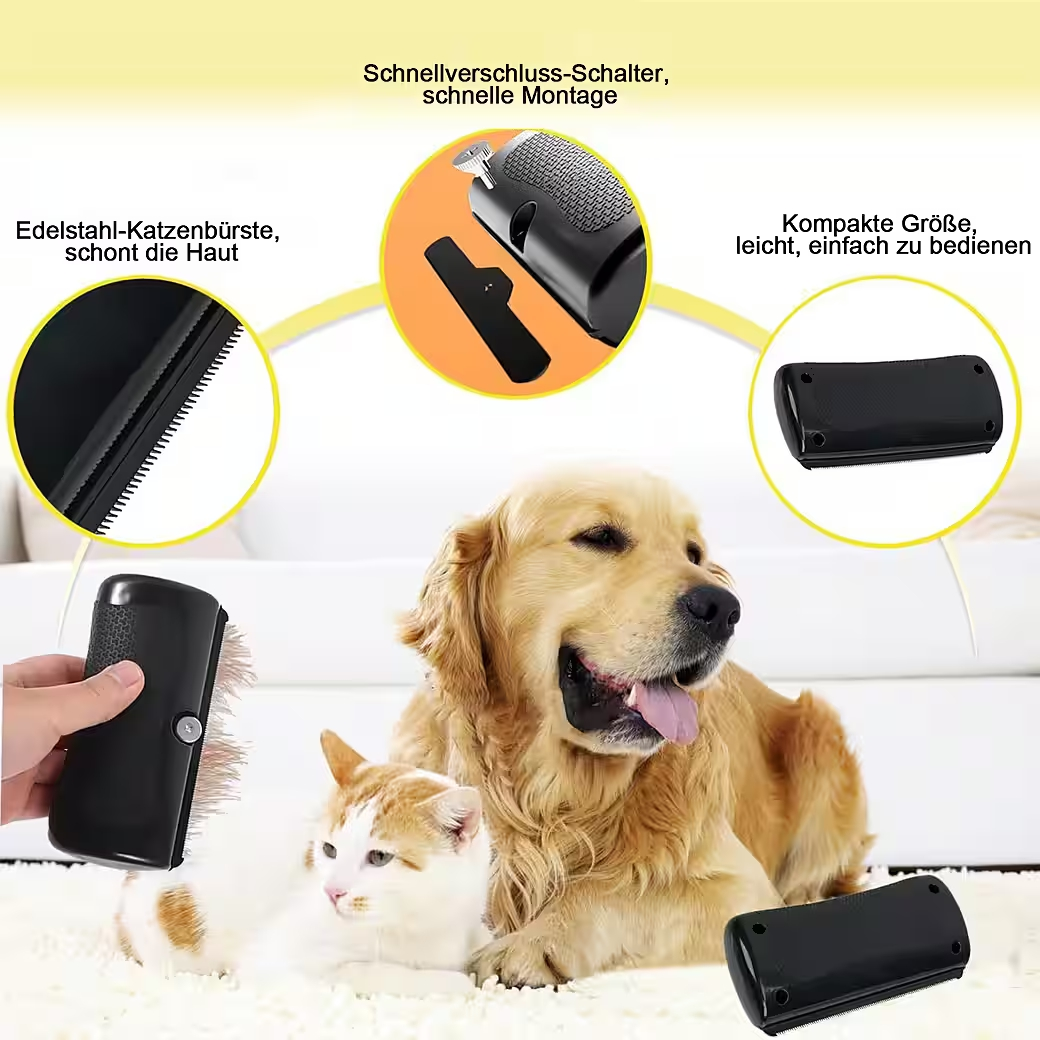 Ein Hund und eine Katze liegen auf einem Teppich, mit Zubehör für Tierpflege.