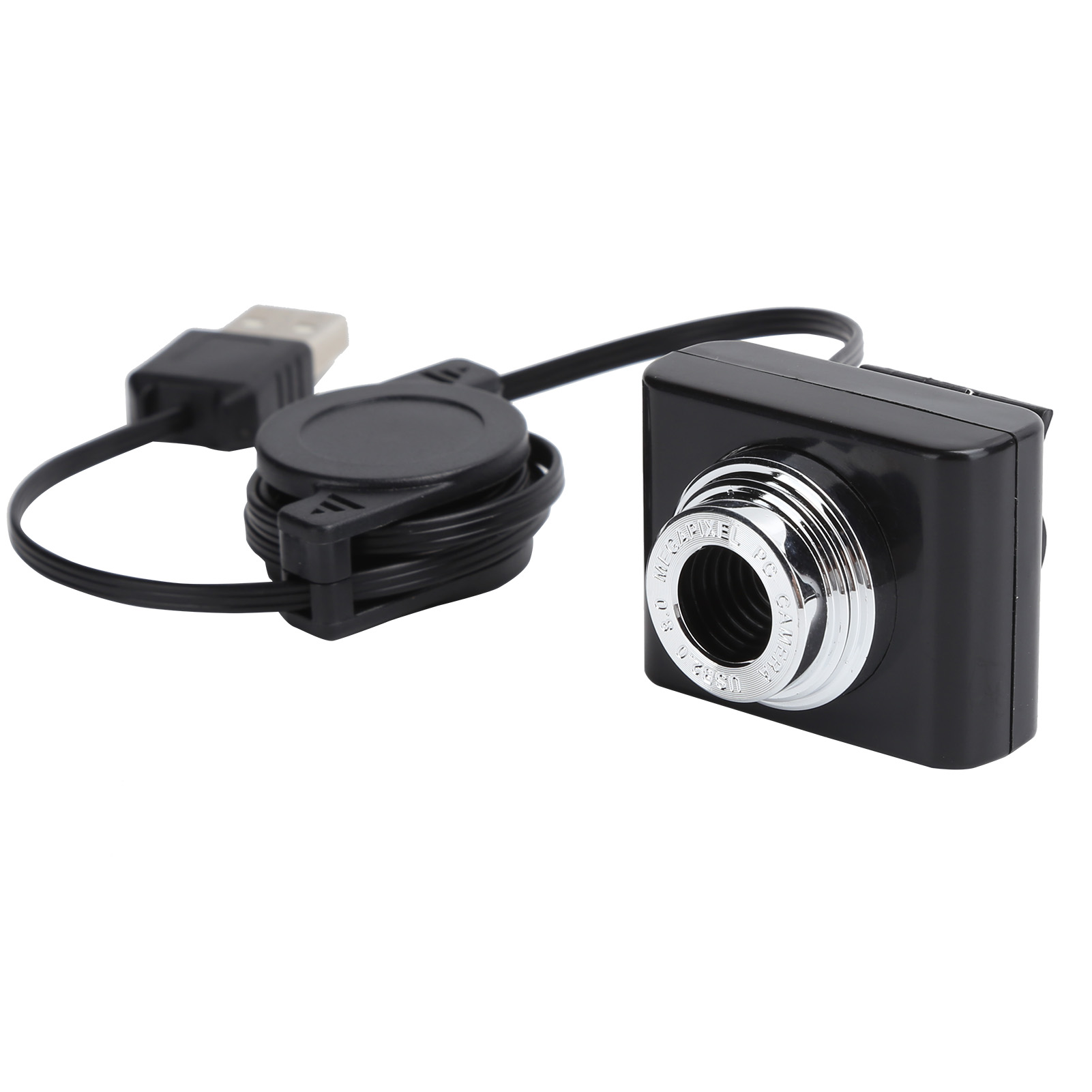 Kleine schwarze Kamera mit USB-Kabel und schwarzem Aufwickler.